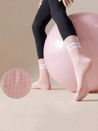 1/3 Pairs Terry Women's Long Yoga Socks | Anti-Slip Grip, Striped Design, All-Season Polyester, Breathable Fabric, Deep Gray/White/Pink/Black, Sporty Design, Workout Accessories, Gym Goers