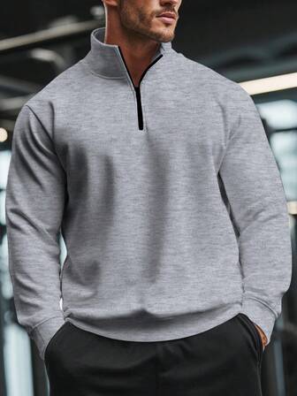 Men's Solid Color Half Zip-Up Sports Sweatshirt, Simple And Fashionable Casual Everyday Wear Thick Casual Loose Versatile Pullover Tops For Spring And Autumn Thick For Warmth Thermal Lined Clothes Gym Clothers