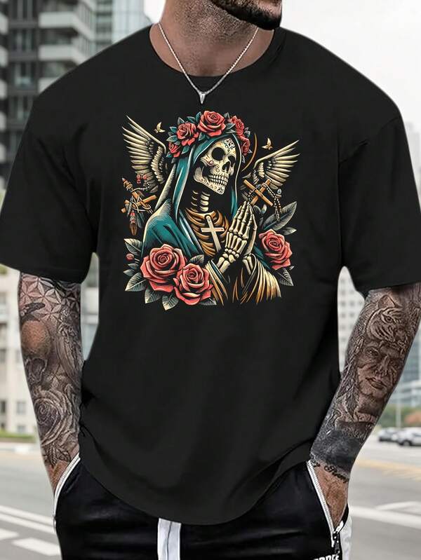 Skeleton with wings, roses, crosses and a floral crown 26D (73) Printed T-shirt, pure cotton, short sleeves