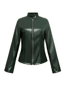 Chaqueta de PU con cierre de cremallera, estilo motero, de manga larga y unicolor, de moda y casual, adecuada para primavera, otoño e invierno - Verde Oscuro - Ver 4