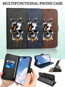 Halloween Bee Hive Skull Phone Case, Dark Punk Style Design, Mysterious Creature Art Print, Premium Durable Flip Wallet Phone Case, Compatible With IPhone 17/16/15/14/13/12/11/XS, Waterproof Shockproof Scratch Resistant, Features Foldable Stand And Credit Card Slots, Water-Resistant, Drop-Proof, Anti-Slip, Scratch-Proof, Full Coverage Protection - 黑色 - 查看 6