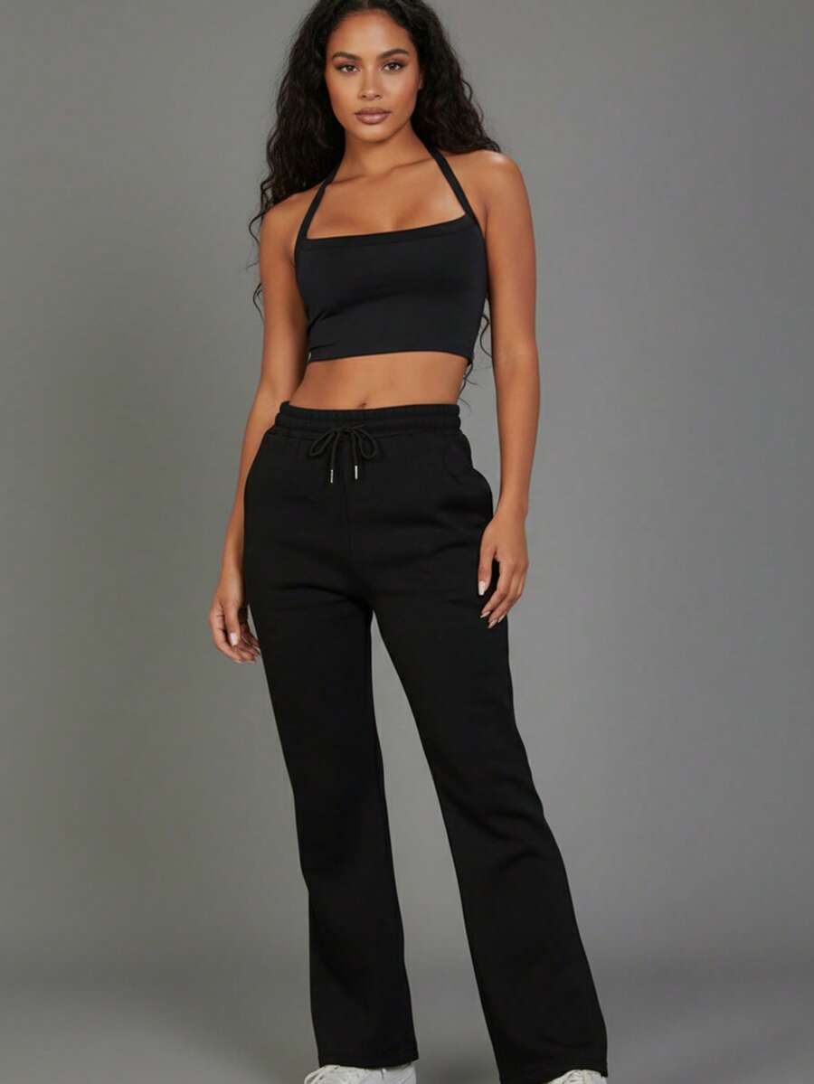 Women's Casual Long Straight Leg Sweatpants With Drawstring And Pockets For Everyday Comfort - 黑色 - 查看 1