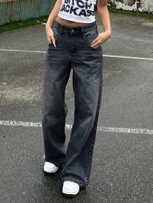 大码女式复古宽松直筒牛仔裤