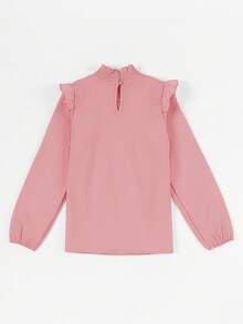 Blibean Tween Girls' Loose Solid Color Ruffle Trim Stand Collar Blouse, Back To School Season - Pink - View 6