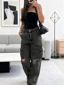 Women's Distressed, Multi-Pocket, Loose-Fitting, Casual Utility Jeans - Grey - View 4