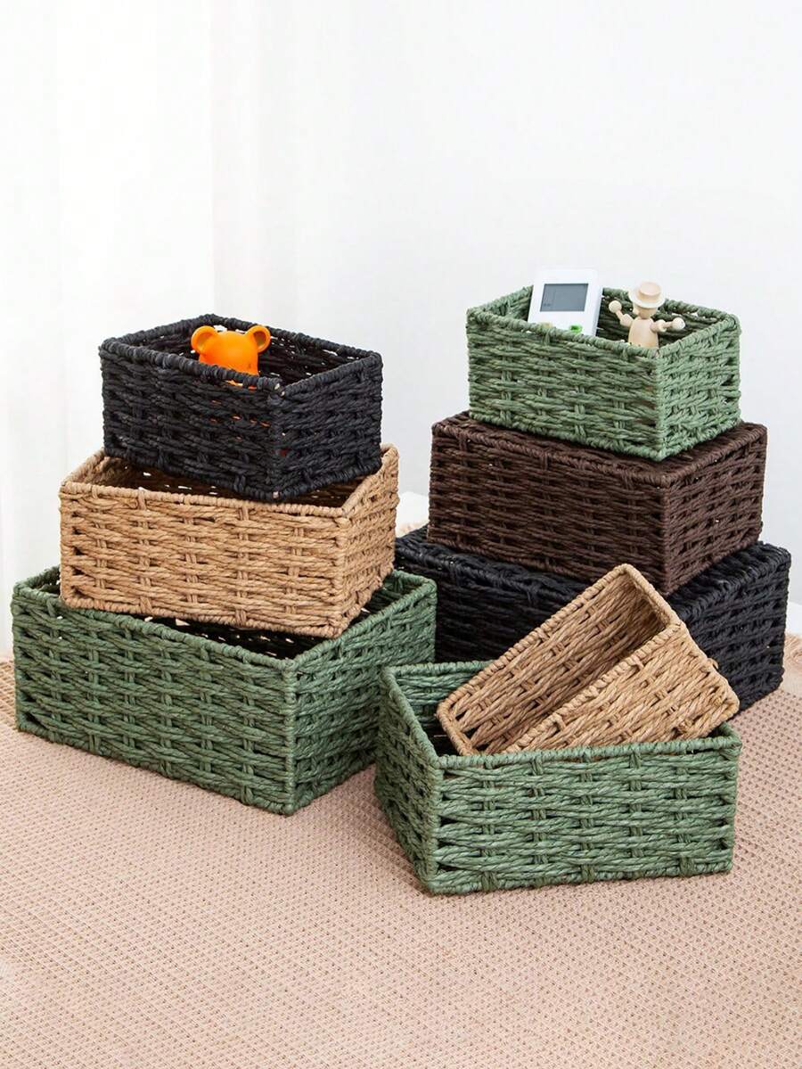 1pc/3pcs Home Storage Basket, Entryway Desktop Organizer Box For Snacks And Cosmetics, Vintage Woven Basket Box For Home - Multicolor - View 1