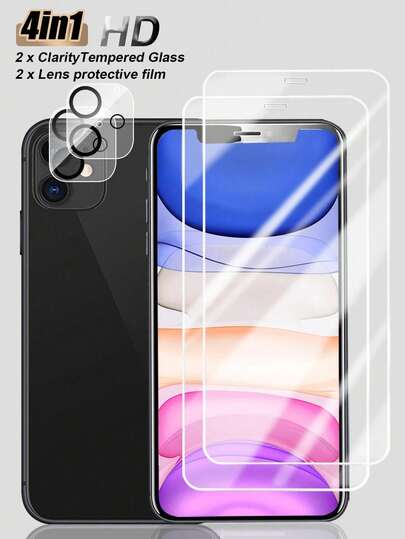 4pcs/Set, Compatible With IPhone 17 Pro Max/17 Pro/17 Air/17/16e/16 Pro Max/16 Pro/16 Plus/16/15 Pro Max/15 Pro/15 Plus/15/14/13/12/11, Includes 2pcs High-Definition Tempered Glass Screen Protectors And 2pcs Camera Lens Protectors, Scratch-Resistant, Anti-Shock, Waterproof, Oil-Proof, Fingerprint-Proof, Easy Installation