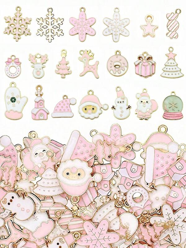 10/20Pcs Pink Christmas Alloy Charms, Santa Snowflake Bell Charm Pendants For Jewelry Making, DIY Necklace Bracelet Earring Keychains Making Accessories, Christmas Decoration & Gifts