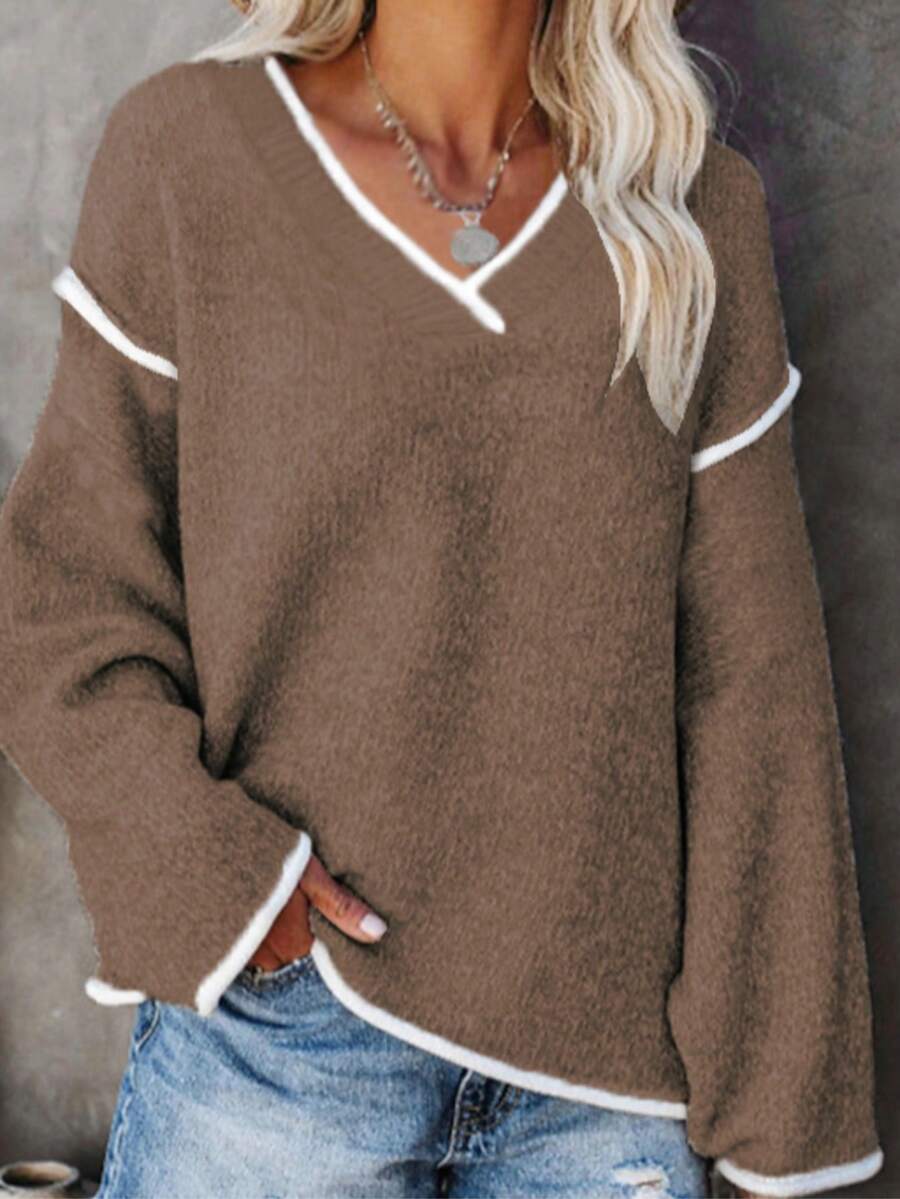 Damen Pullover in Große Größen mit V-Ausschnitt, lässig, einfarbig, Langarm - Braun - Übersicht 1