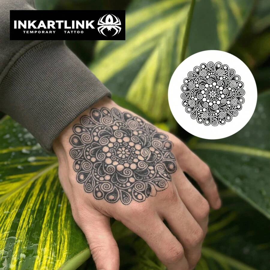 INKARTLINK 曼陀罗花图案临时纹身贴纸，革命性纹身技术，半永久纹身，仿真纹身，防水持久1-2周，逼真纹身效果，小众设计纹身贴纸，果汁纹身贴纸，植物纹身贴纸 - 黑色 - 查看 1
