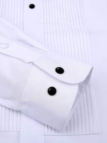 1pc Men's Formal Dress Shirt, Wedding/Business Attire, Wrinkle-Resistant, Pleated Chest, Includes Black Bow Tie & Black Crystal Buttons - White - View 4