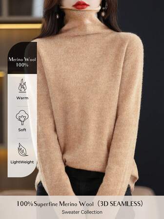Women's 100% Merino Wool Seamless Sweater Turtleneck Fall Winter Warm Soft Knitted Vintage Sweater Long Sleeve Knitted Pullover Tops