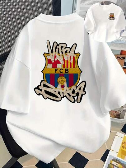 Túnica tipo jersey con estampado del logo de Barcelona para mujeres - Ropa de aficionado del FCB con diseño del estadio Camp Nou, escudo y mascota de Barcelona, ropa casual para todas las estaciones, mercancía del club de fútbol lavable a máquina para seguidores, ajuste relajado con el icónico logo del FCB, top blanco de manga corta para mujeres, perfecto para los aficionados del Barcelona, diseño de logo en la parte delantera y trasera, tela cómoda y transpirable, colores icónicos del equipo