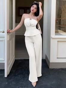 abyoxi 两件套：白色荷叶边吊带背心搭配阔腿裤，时尚优雅，适合办公室、通勤、复古风、社交场合、派对、约会、情人节、春夏穿着。 - 白色 - 查看 5