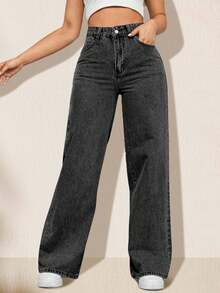 Jeans casuales de pierna recta y ajuste holgado para mujer con bolsillos, jeans rectos de moda, pantalones vaqueros holgados de mezclilla lavada, estilo vintage y casual, pierna ancha y talle alto para uso diario, cómodos, elásticos y aptos para todas las estaciones - Negro - Ver 1