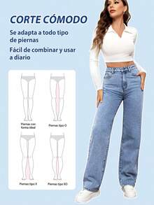 Jeans casuales de pierna recta y ajuste holgado para mujer con bolsillos, jeans rectos de moda, pantalones vaqueros holgados de mezclilla lavada, estilo vintage y casual, pierna ancha y talle alto para uso diario, cómodos, elásticos y aptos para todas las estaciones - Azul - Ver 8
