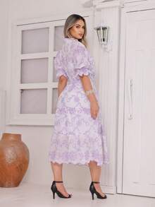 Women's Midi Dress With Embroidered Lace, All-Over Print, Embroidery, Button Detail, Ruffle Detail, Gathered Detail, Suitable For Formal And Evening Wear. - 查看 3