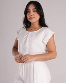 Women's Tailored Blouse With Buttons And Round Neck - White - View 4