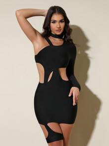 Love Aing Women's Black Asymmetric Mini Dress, Sexy Party Dress, Cocktail Gown, Clubwear, Single Sleeve Hollow Out Mini Dress - Black - View 11