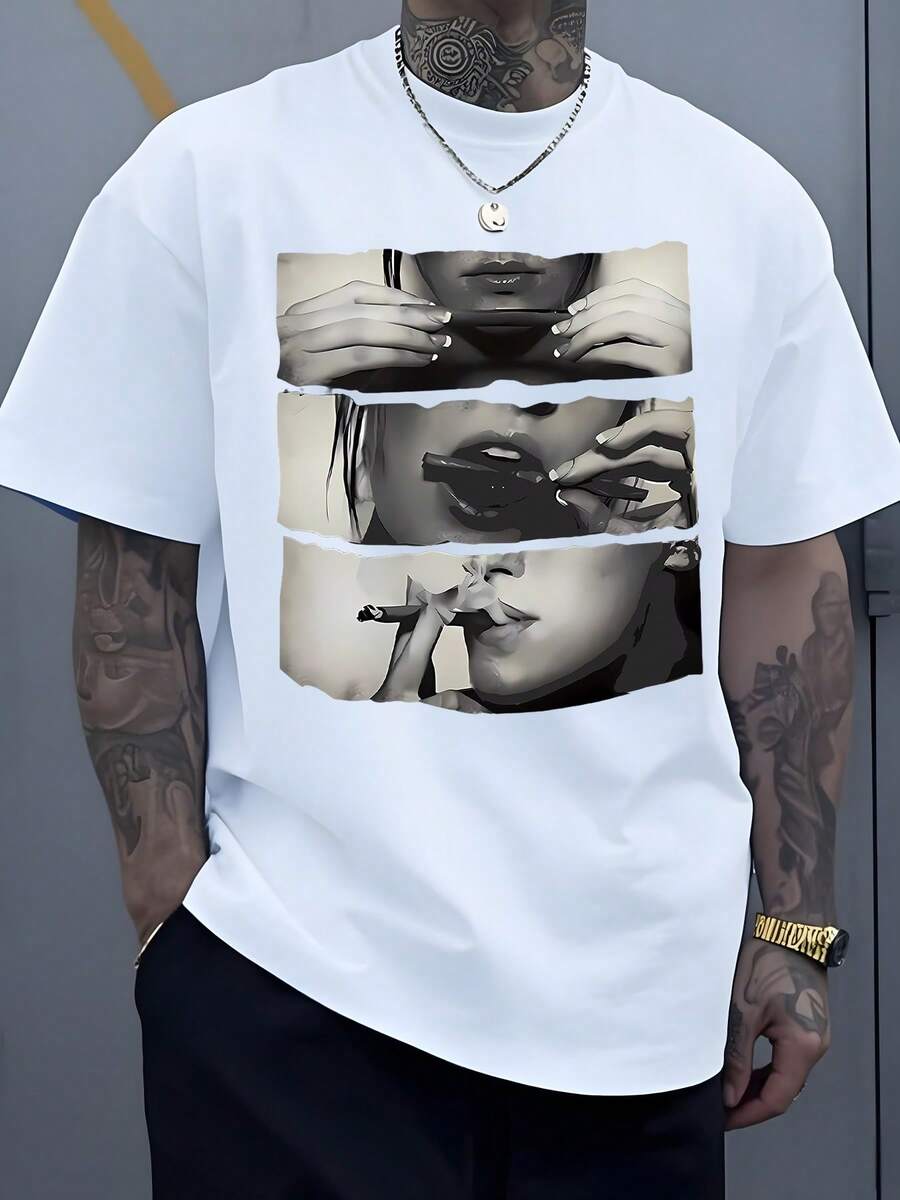 Monochrome Print Captures Contemplative Sequence Woman's Hands Preparing Slender Object Lips Engaging Reflecting Quietude Men Undershirt Tops 220g Tee - White - View 1