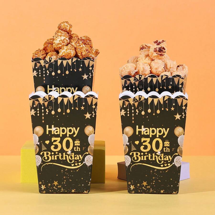 10pcs/20pcs,Black & Gold 30th Happy Birthday Food Box, Fries Box, Popcorn Cup, Popcorn Bucket, Birthday Party Decorations Anniversary Party Decorations And Movie Late Night Snack Box For Lunch Box, Bakery Bread, Burger Restaurant - Multicolor/30 Years Old - View 1