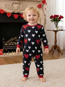 Valentines Day Matching Family Pajamas Set Stylish Love Heart Pattern Family Matching Outfits - 黑色 - 查看 6