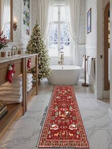 1 Pc Christmas Tree And Santa & Reindeer Beige Carpet, Non-Skid And Washable, Very Suitable For Living Room, Bedroom, Hallway, Indoor And Outdoor Use, Easy Home Christmas Decoration And Room Decoration