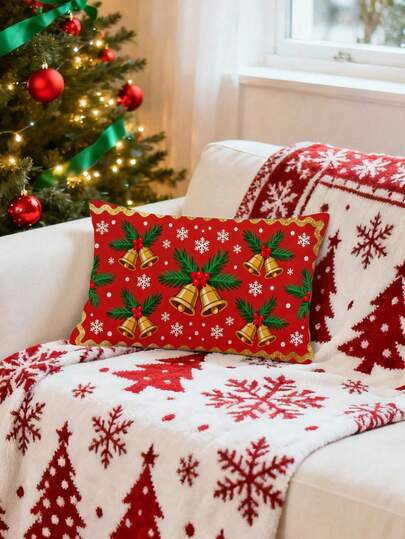 1pc Christmas Decorative Lumbar Pillow Cover (Pillow Insert Not Included), Featuring Christmas Tree, Letters, Bells, "Merry Christmas" Elements, Digital Printing Technique, Peach Velvet Material, Suitable For Sofa, Living Room, Bedroom, Car, Office, Hotel, Filled With Christmas Atmosphere