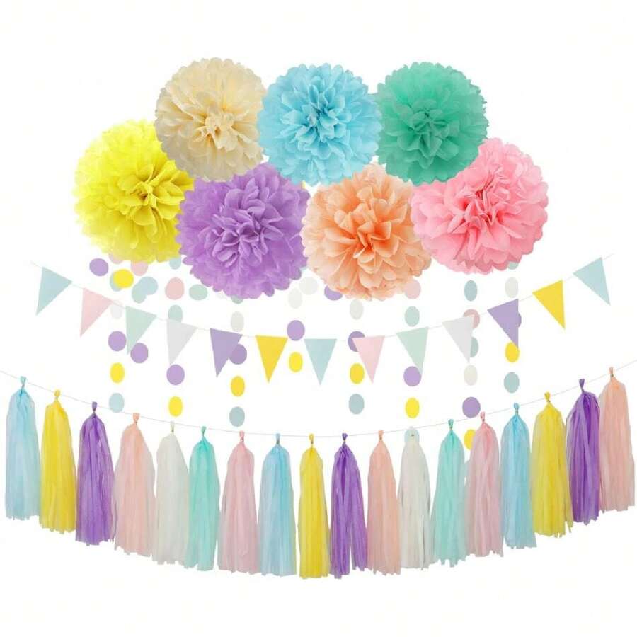 Pastel Rainbow Party-Drations Supplies Streamers-Garland - 29pcs Shower Birthday Wedding Tissue Pom Poms,Tassel Banner Backdrop Dr Bunting ,26265921 - 寶藍色 - 查看 1