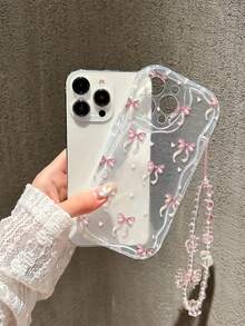 Bowknot Transparent Painted With Chain Cream Wavy Edge Simple Anti-Drop Thick Phone Protective Case, Compatible With Iphone/Redmi - Multicolor - View 3