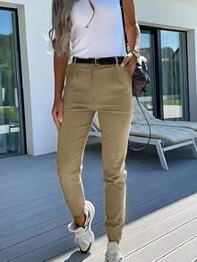 Women's Slim Fit Solid Color Lightweight Long Pants, Versatile For Commute & Everyday Wear, Spring/Summer Casual - Khaki - View 3