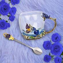 1 exquisitaTaza de vidrio con esmalte de rosa y cristal para té,Set de Caja de Regalo Taza de Té Floral (con cuchara de acero inoxidable), Taza de Café Decorativa de Cristal Transparente con Mariposa y Rosa, Caja de Regalo para Ella Mamá Esposa Abuela Niñas Mujeres Idea de Regalo de Cumpleaños de Navidad para Uso con Jugo, Bebidas Frías y Calientes, Día de San Valentín,Fabricada en vidrio grueso libre de plomo, resistente al calor y 100% no tóxico. ¡Una alternativa saludable al plástico. - Azul - Ver 10