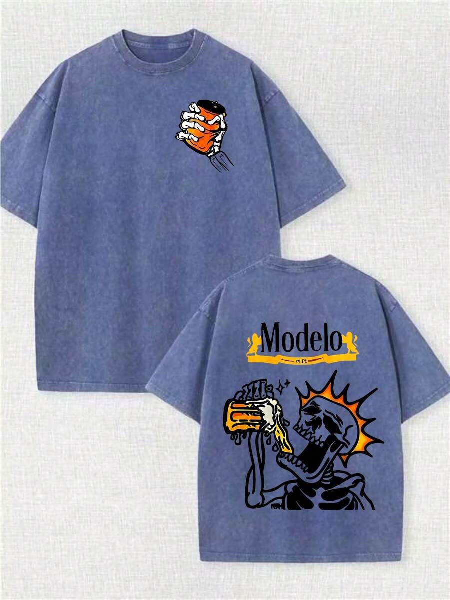Modelo Skeleton & Beer Graphic Printed Street Style Men's Casual Wear 230g Washed Cotton Round Neck Short Sleeve Comfortable & Breathable Double - Sided Printed Tee For Summer High - Quality Design, For Summer, Daily Atire - Xanh đậm - Xem 1