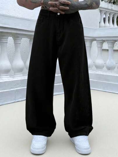 Denim Casuais Vintage Preto Desgastado de Perna Reta Relaxada para Homens, Grunge