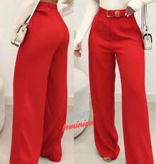 Tailored Wide-Leg Trousers With Belt - Fashion - 紅色 - 查看 2