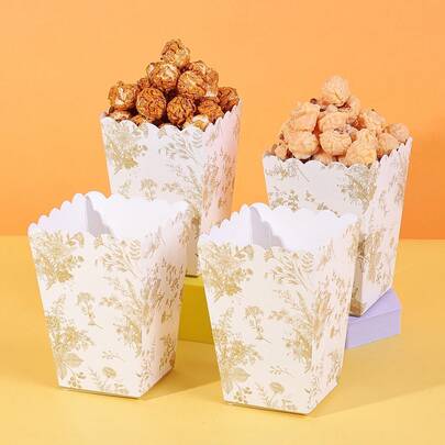 10pcs/20pcs Gold Floral Popcorn Boxes, With Fan-Shaped Mini Paper Popcorn Boxes, Open-Mouth Cardboard Popcorn Containers, Gold Floral Party Favors, Suitable For Movie Night Decor, Bridal Shower Gifts, And Other Party Supplies