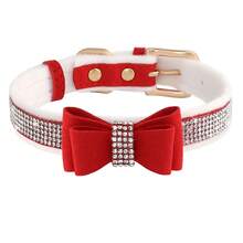 1pc Super Fiber Leather Black Rhinestone Bow Plush Cat/Dog Collar, Cute Adjustable Suede Pet Collar - Red - View 7
