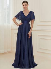 EVERPRETTY Đầm phù dâu màu xanh hải quân thanh lịch, cổ chữ V, tay bồng, đính sequin, thích hợp cho khách dự đám cưới, tiệc tối trang trọng, lễ tốt nghiệp, lễ đón năm mới và các dịp bán trang trọng. - Màu xanh hải quân - Xem 3