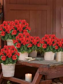 1pc Artificial Geraniums For Outdoor Decoration. Silk Geranium Flowers That Are Resistant To UV Rays And Have A Realistic Appearance. They Are Artificial Plants Suitable For Use In Outdoor Flower Pots, Front Gardens, Terraces, Balconies, Courtyards, And Porches. They Are Suitable For Home And Garden Decoration Throughout The Four Seasons. Red And White. - Multicolor - View 11