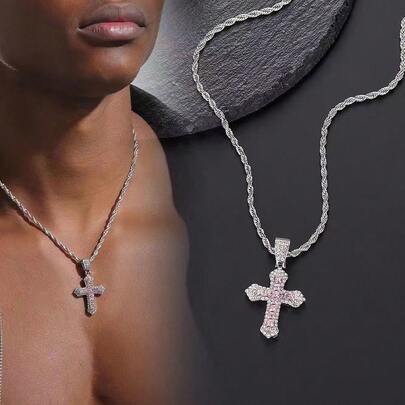 1pc Stainless Steel Cross Pendant Necklace With Colorful Glass Decor, Hip Hop Style, Long Chain Design Suitable For Men's Fashion Or Party Wear