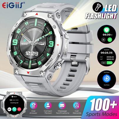 EIGIIS Men's Smartwatch - 1.43" AMOLED HD Display, Wireless Calling & Music, Weather Updates, LED Flashlight, 525mAh Battery, Sports Tracker With Personalized Faces For Android, Best Gift For Father Boyfriend, Birthday Gift