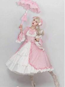 European And American Medieval Retro Gothic Court Dress With Square Collar, Waist Cinched, And Spliced Bow Tie Dress, Lolita Costume - 粉色 - 查看 3