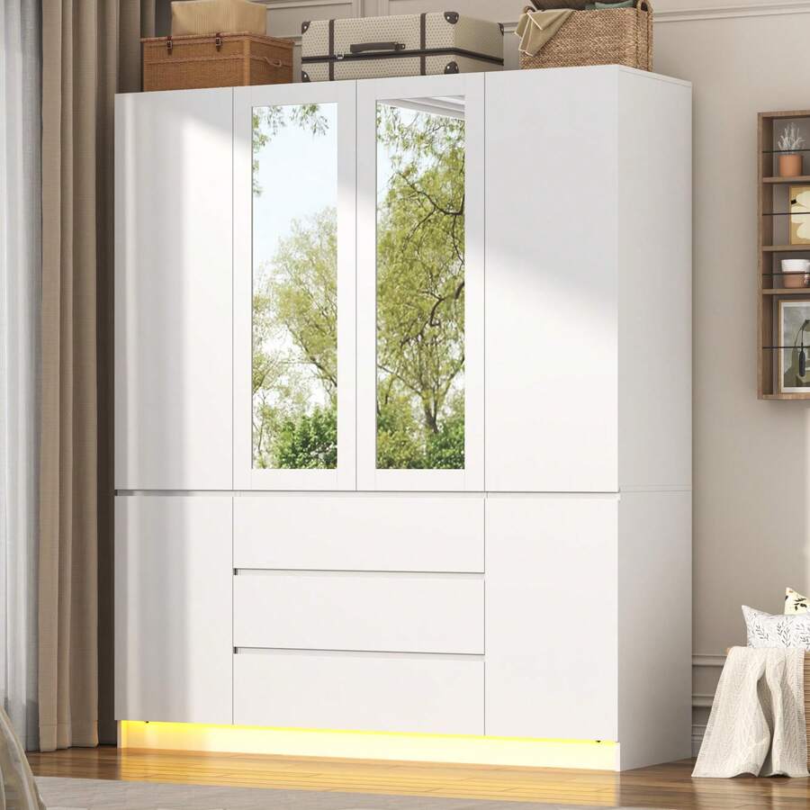 4 Doors Armoire Wardrobe Closet With 3 Drawers & Mirror, Modern Wooden Bedroom Armoires With Hanging Rod USB Powered Led Lights For Bedroom - 白色-4門 - 查看 1