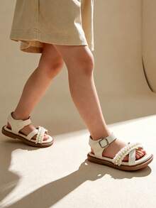 1 Pair Toddler Girls' Sandals With Bow And Metal Buckle Decor, Made Of Faux Leather, Non-Slip And Durable, Open Toe Low Heel, Sweet Casual Style, Suitable For Summer Beach Travel/Outdoor Vacation - 白色 - 查看 2