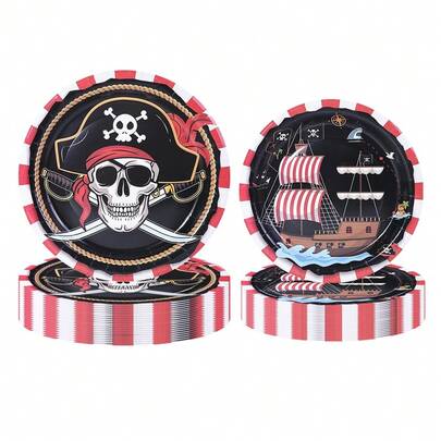 10pcs/20pcs/40pcs/50pcs Treasure Theme Plate Set, Red & Black Plaid Pirate Design 7-Inch And 9-Inch Paper Plates, Suitable For Children, Adults, Baby Parties, Skull Birthday Parties And Other Occasions, Pirate Ship Theme Party Supplies, Pirate Tableware, Suitable For Adult, Teenager And Children Table Decoration