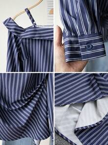 Women's Autumn/Winter Cold-Shoulder Striped Oblique Collar Sleeveless Blouse, Pleated Waist Design, Slimming - Royal Blue - View 5