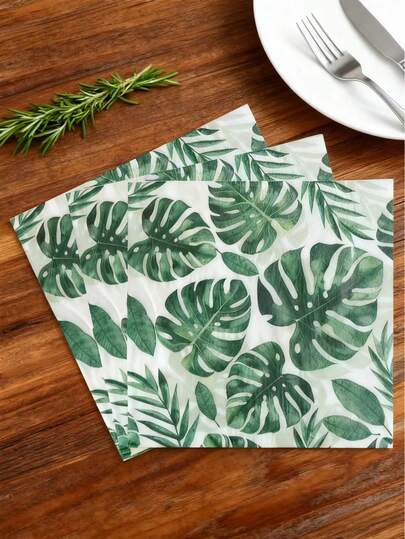 热带棕榈叶纸餐巾 - 绿色夏威夷棕榈叶饮料餐巾，圆形夏季棕榈叶鸡尾酒午餐餐巾，适合派对生日节日装饰。