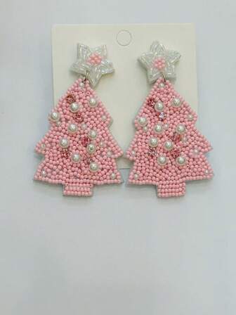 1 Pair Handmade Christmas Pink Christmas Tree Beaded & Rhinestone Earrings, Fashionable & Unique Gift For Women