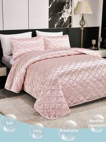 3pcs Satin-Like Pink Bedspread Set (1 Bedspread + 2 Pillowcases Without Insert), Cute Cottagecore Fresh Style, Washable Breathable Lightweight Fabric, Bedroom & Room Decor, Gift Ideal, Luxe Aesthetic