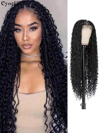 30 Inch Full Lace Long Braiding Extension Hair Wig Black Color Curly Wave Water Wave Extensions Hair Women's Synthetic Braided Lace Wig Box Braids, Low Temperature Fiber Look Natural Wigs Suitable For Women Used Daily Party Cosplay